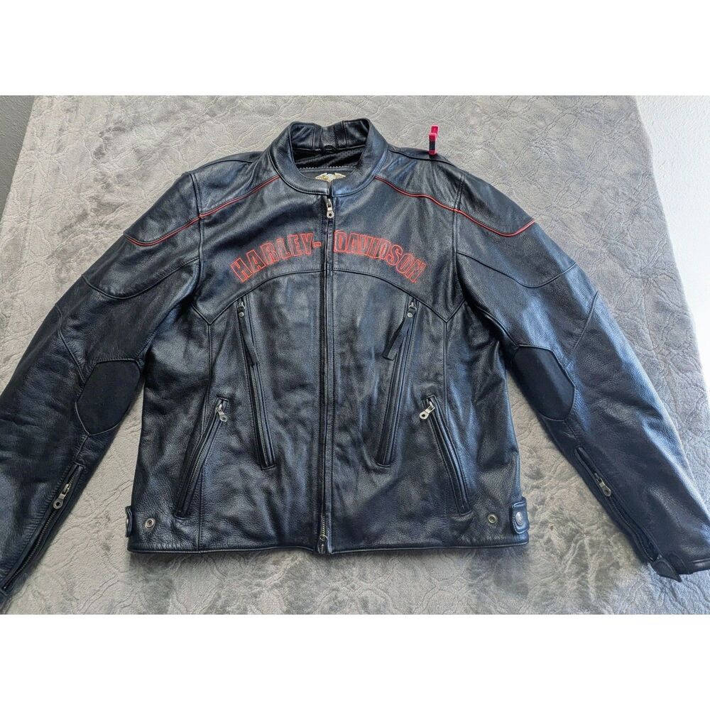 Harley Davidson Mens XL Genuine Leather Motorcycle Jacket Black Red Eagle